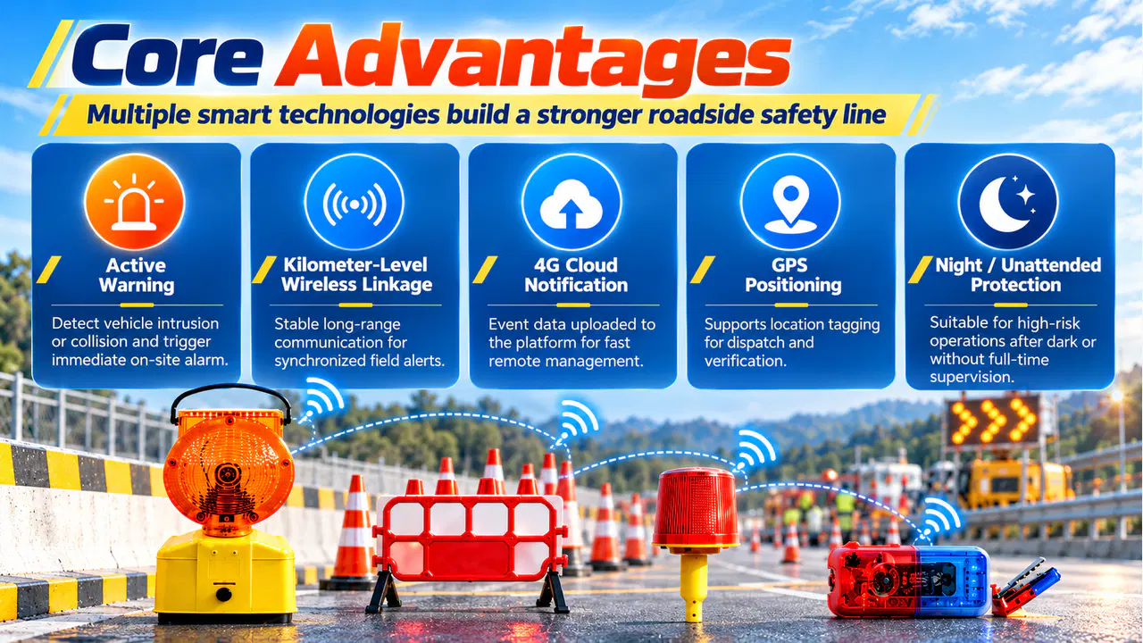 Concept illustration of an active warning workflow around a road construction area