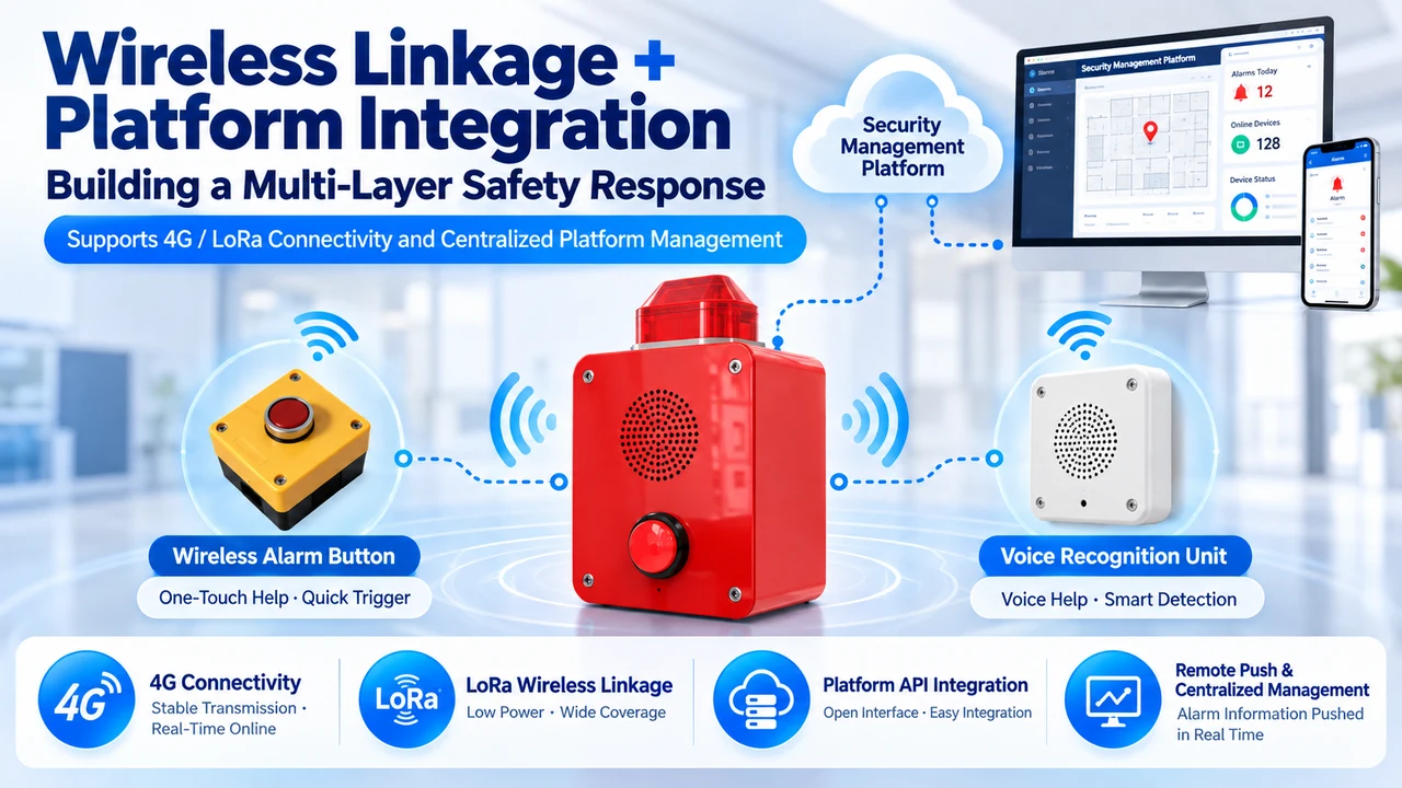 Red campus alarm linked with wireless accessories and a security management platform dashboard.