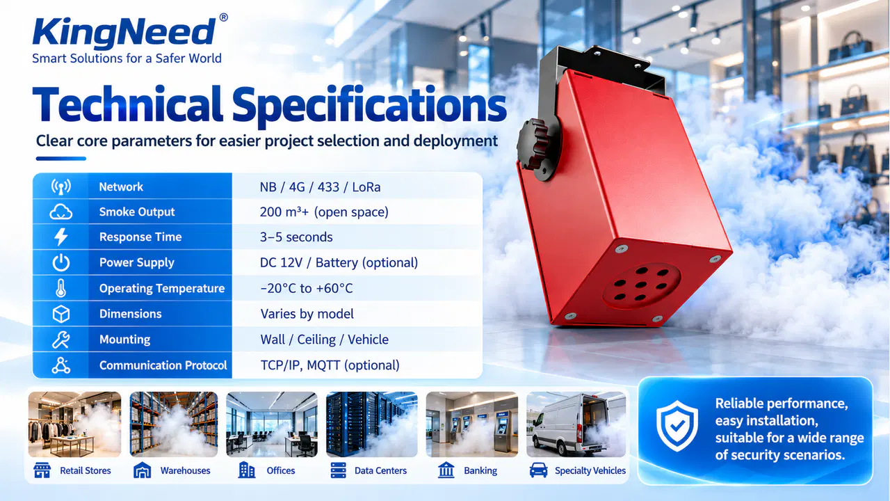 Smoke generator artwork listing network, output, response time, power, temperature, dimensions, mounting and protocol claims