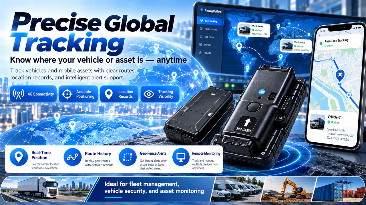 Illustrative tracking-platform screens and mobile map alongside magnetic GPS tracker concepts