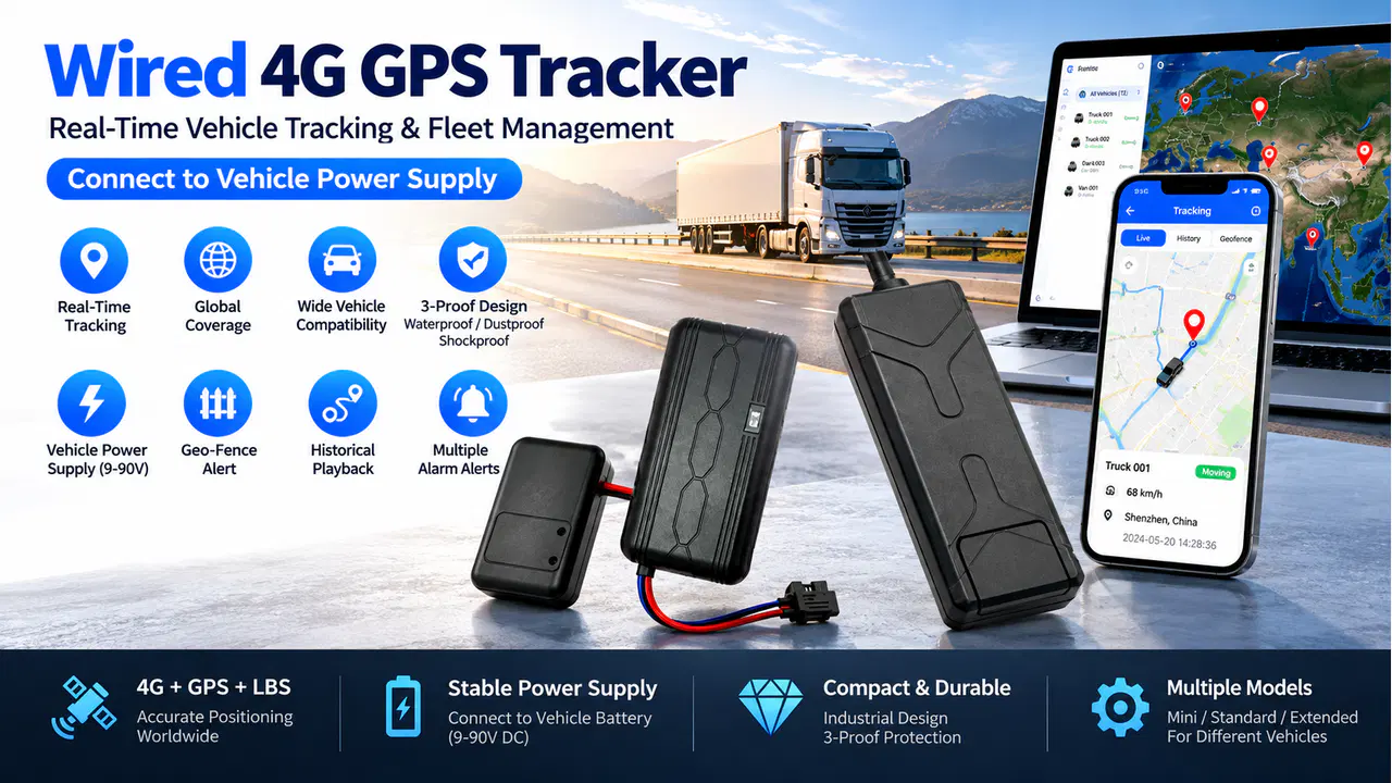 Illustrative fleet location and route-history screens beside wired tracker concepts