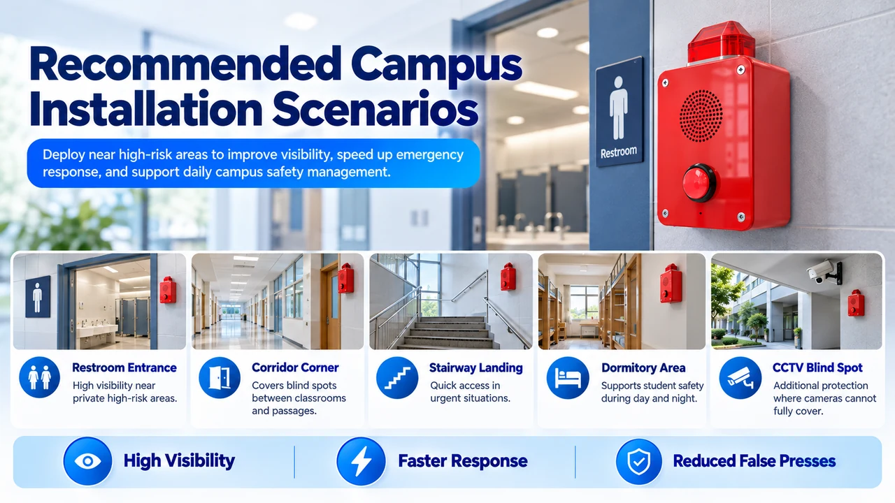 Recommended campus installation scenarios for the emergency alarm, including restroom, corridor, stairway, dormitory, and CCTV blind spot.