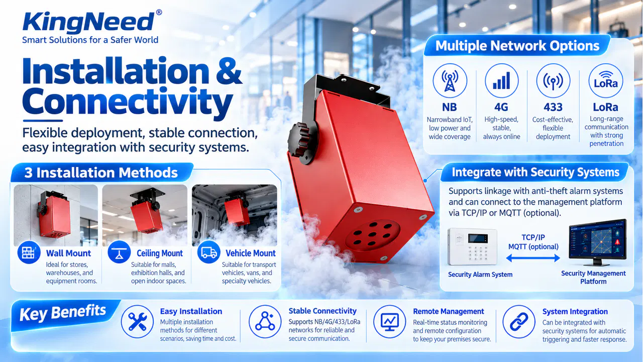 Illustrative wall, ceiling and vehicle mounting alongside network and security-platform integration options