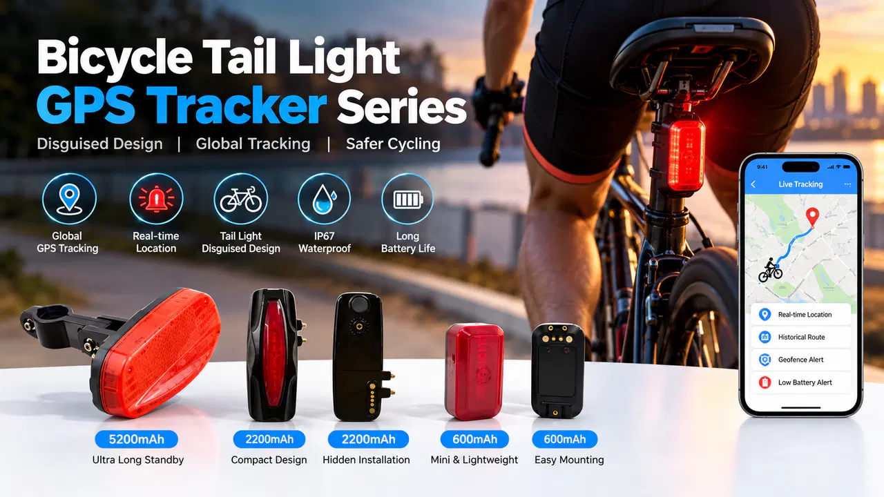 Illustrative bicycle-tracking app screens shown with rear-light tracker concepts