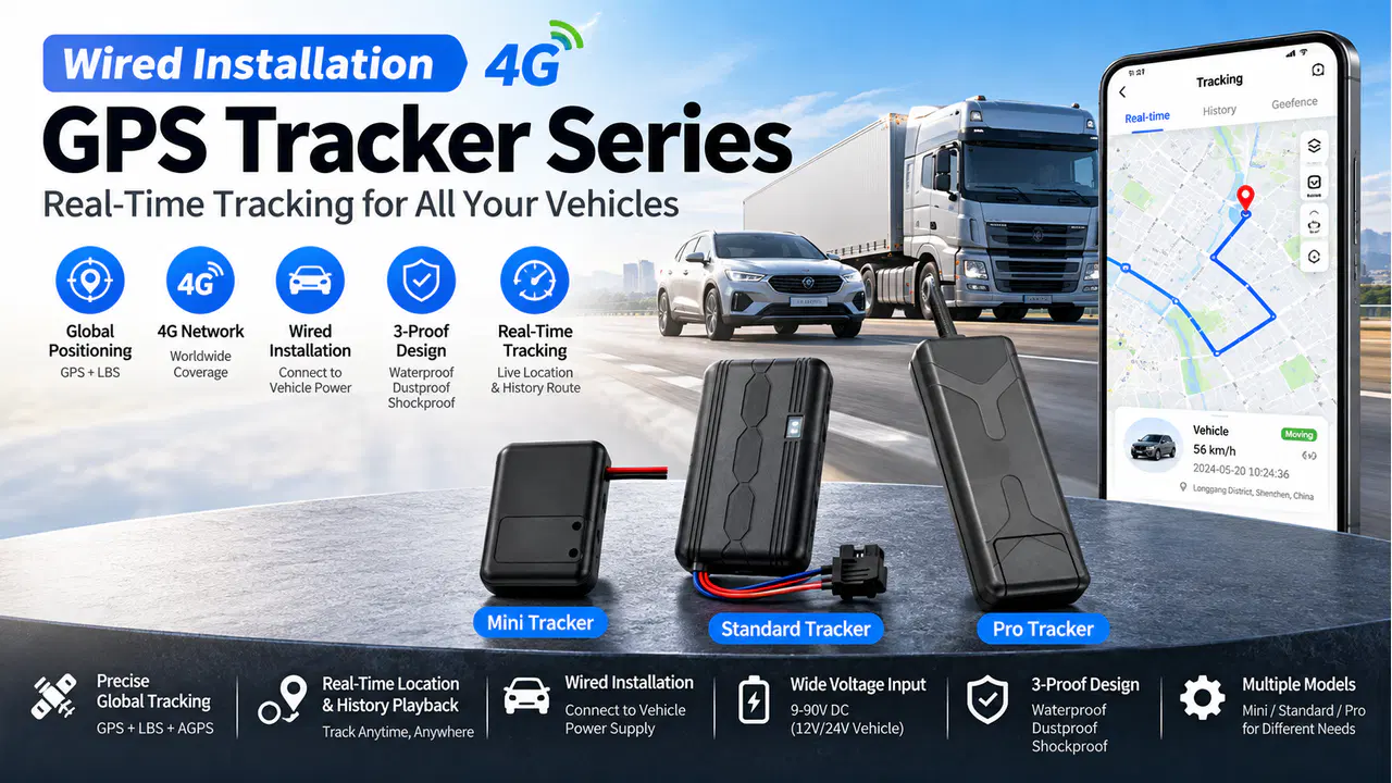 Several wired tracker form-factor concepts with cars, trucks and fleet vehicles