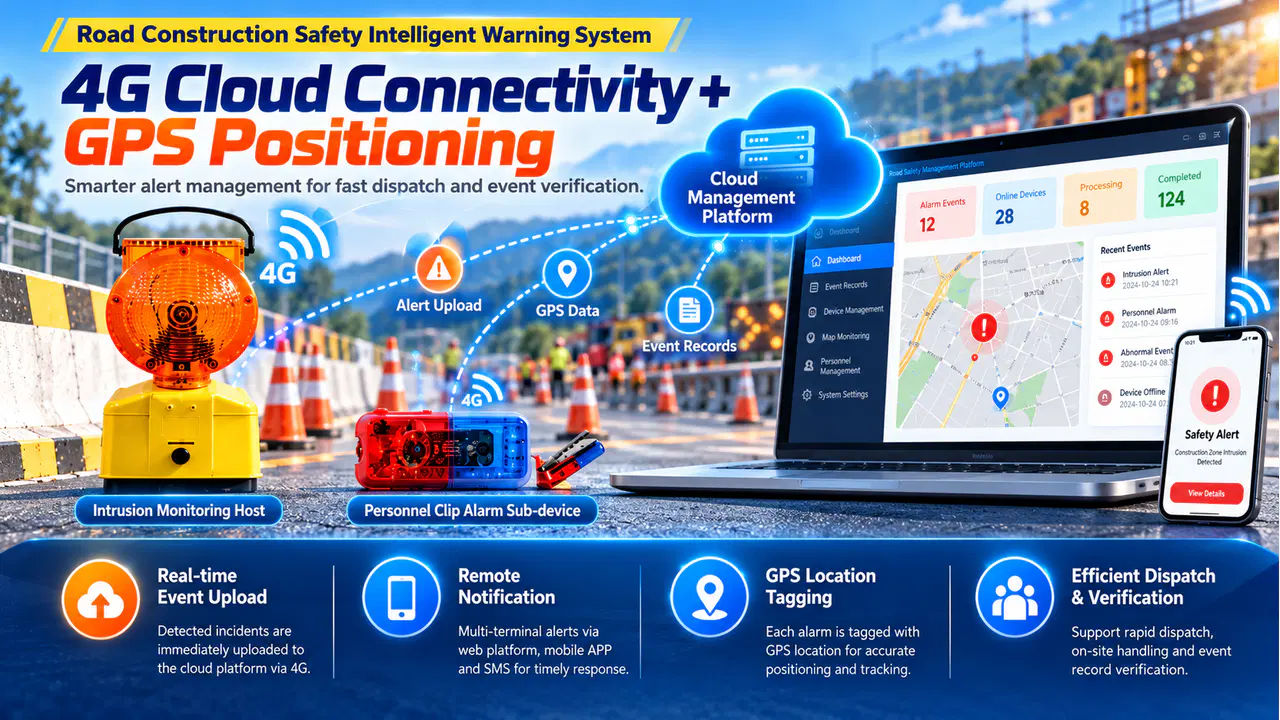Concept illustration referencing connectivity and location options for a roadwork warning system