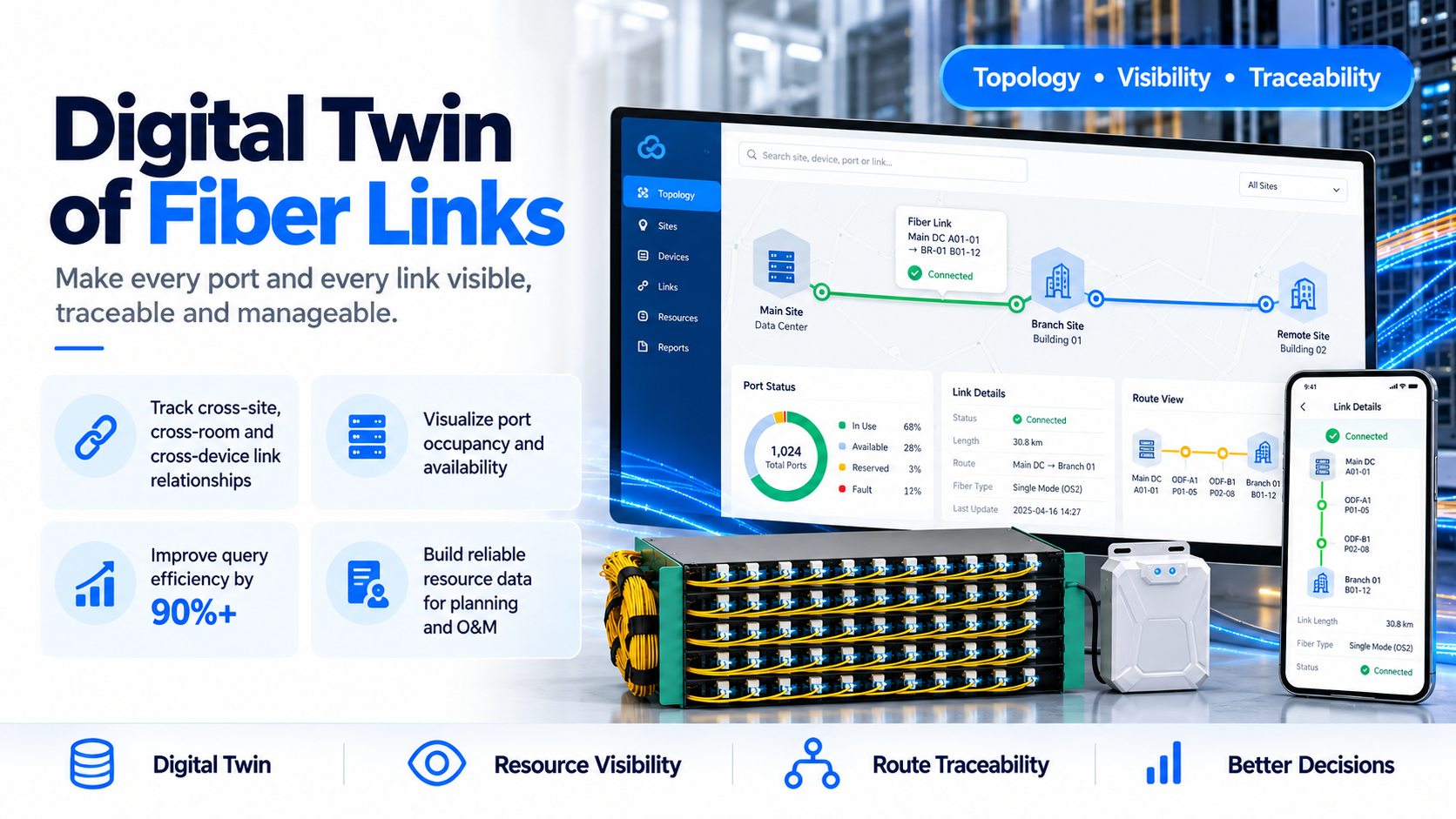 Illustrative digital-twin dashboard showing fiber topology, port status and a link route on desktop and mobile