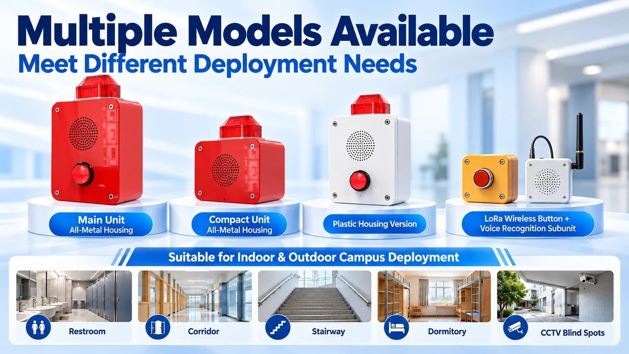 Different model versions of the campus anti-bullying alarm system displayed side by side.