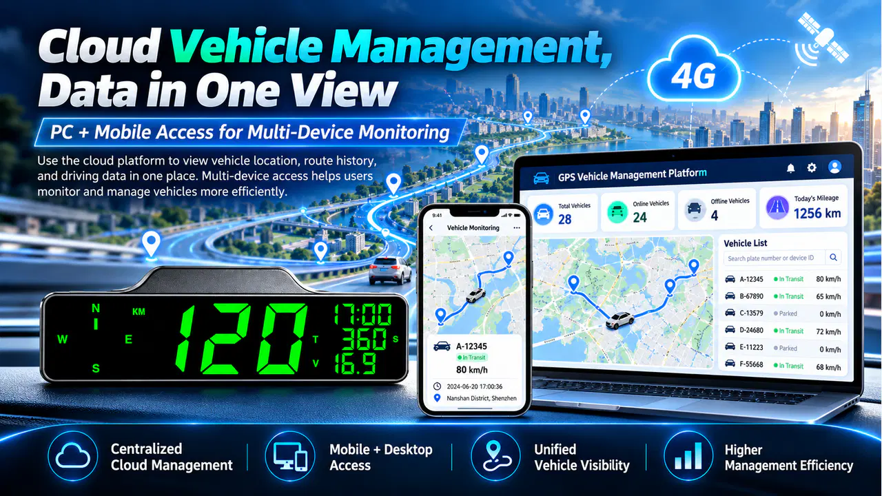 HUD GPS Tracker+ source artwork illustrating PC and mobile vehicle management