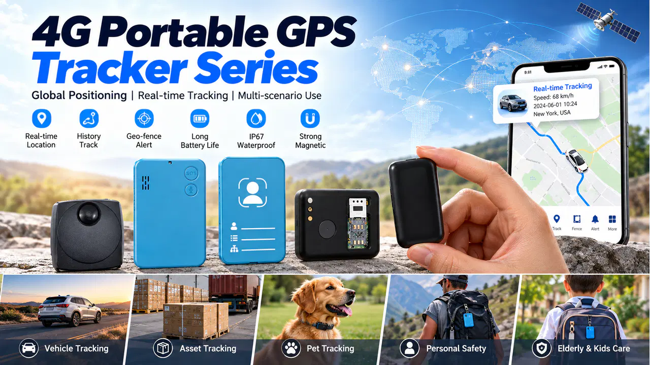Portable GPS tracker artwork with battery-life and protection claims pending verification