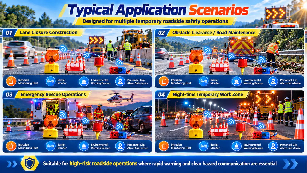 Illustrative road construction, lane closure, emergency response and night work scenarios