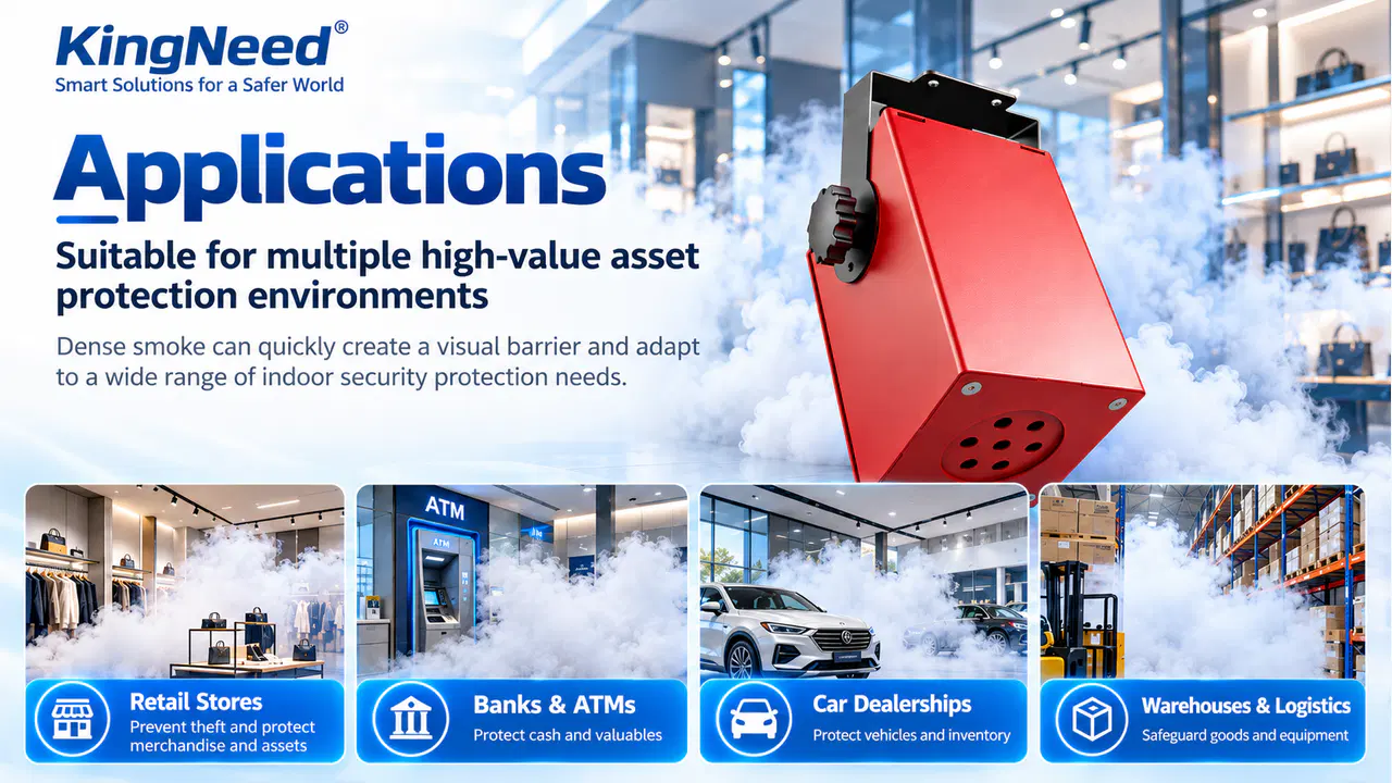 Illustrated smoke-generator application concepts in retail, banking, vehicle, warehouse, office and data-center settings